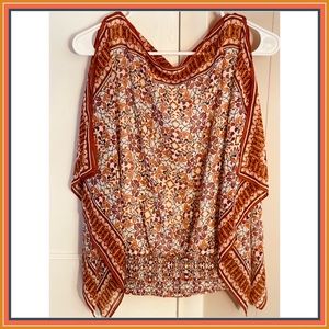 Max Studio Semi Sheer Brown, Gold and Orange Gathered Waist Scarf Top